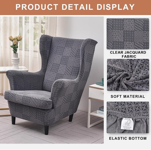 Jacquard Wingback Chair Slipcover Set - 2 Piece Washable Protector with Elastic - Picture 5 of 9