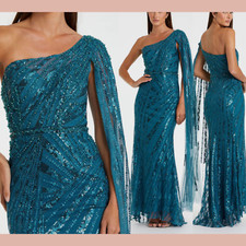 NWT Mac Duggal  4  20528 One Shoulder Cape Sleeve Embellished Gown Blue J1911