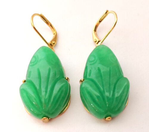 Pendientes de gancho de palanca enchapados en oro amarillo genuino de rana de jade verde de 18 kgp moda - Imagen 3 de 5