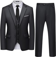 KUDORO Men's Suit Slim Fit Dark Grey 3 Piece M40R 34W 2 Button Notch Lapel