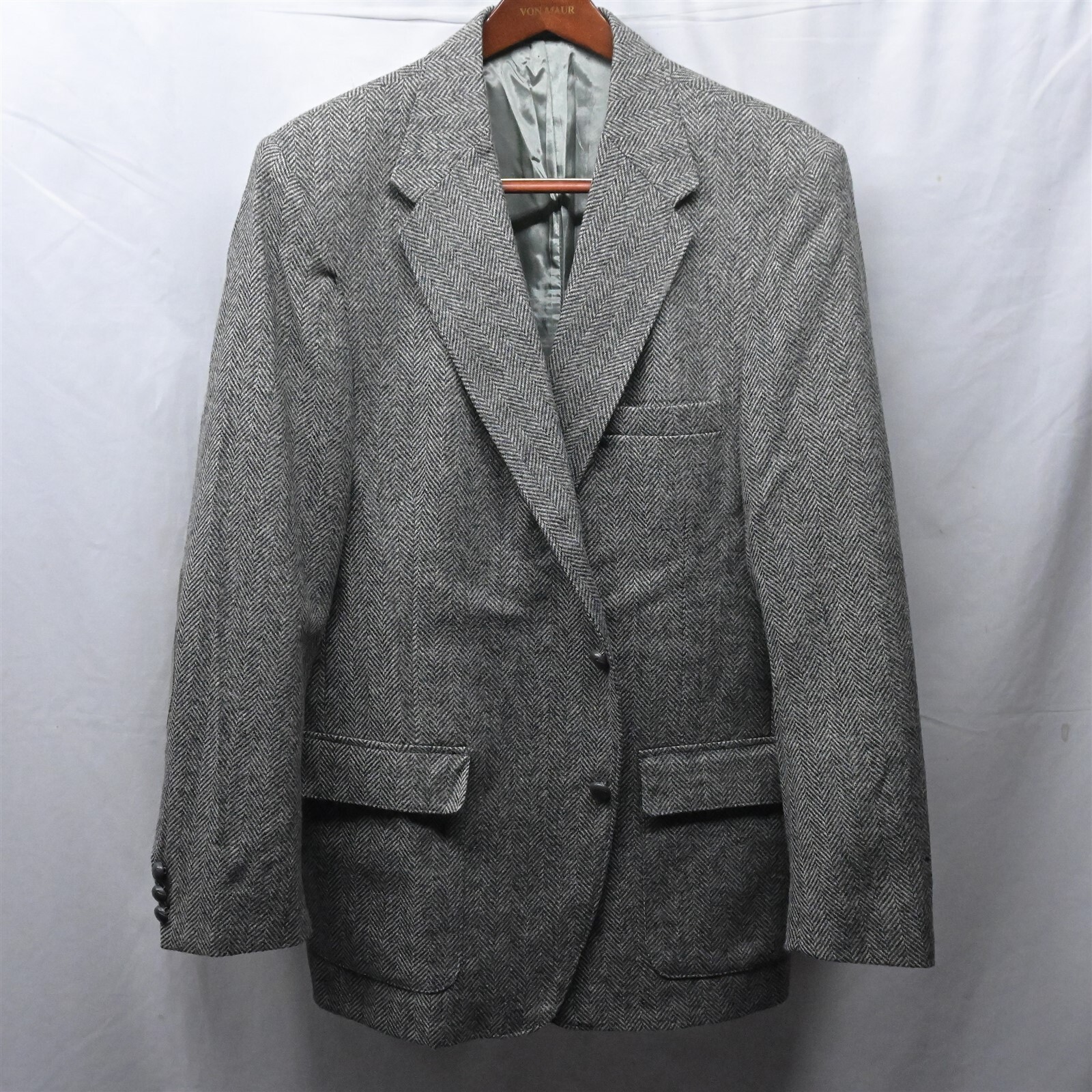 Vtg 90s WFF Farah 46L Gray Herringbone Tweed Elbow Patch Blazer Sport Coat