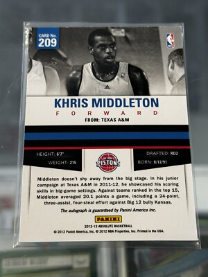 2012-13 Absolute /349 Khris Middleton #209 Rookie Auto Bucks | eBay