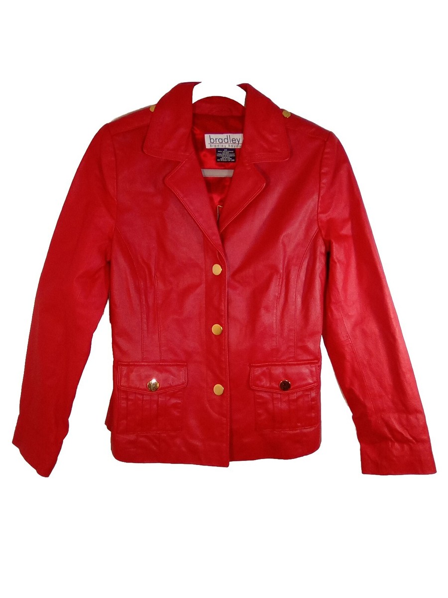 Bradley Bayou Red Leather Gold Button Down Jacket Size XS Pockets