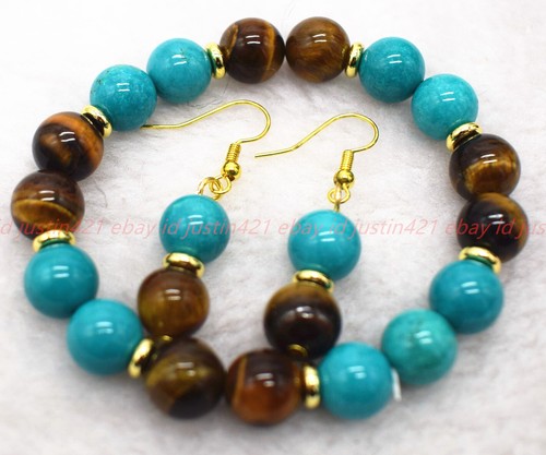 Handmade Natural 10mm Turquoise Tiger's Eye Gemstone Bracelet Earring Set 7.5in - Picture 8 of 12