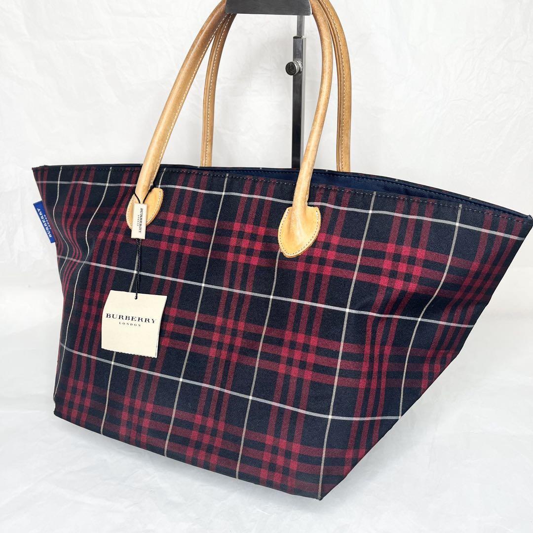 Burberry Black Label Nova check Tote Bag Nylon Leather Red Authentic Used Japan