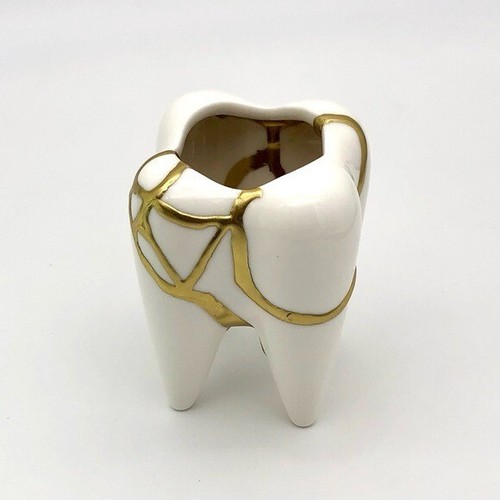 Kintsugi Vase Ceramic Tooth Planter Cache Cup Gold Crack Art Growth Gift Dentist - Picture 6 of 12