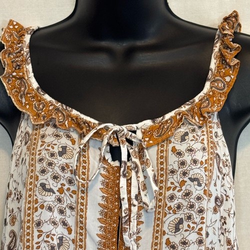 A-193 Ces Femme White & Brown Ruffle Racer Back Sleeveless Blouse Size M - Picture 4 of 13