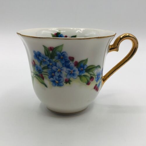 Vintage Teetasse Marco Blumenmuster Gold vergoldeter Rand Griff zierliche Blumen weiß blau 6 Unzen - Bild 1 von 10