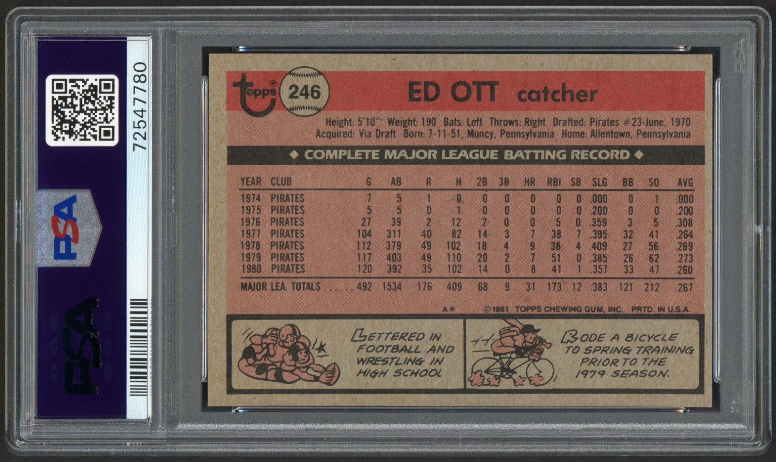 1981 TOPPS ED OTT #246 PITTSBURGH PIRATES VINTAGE PSA 7 NEAR MINT view 2