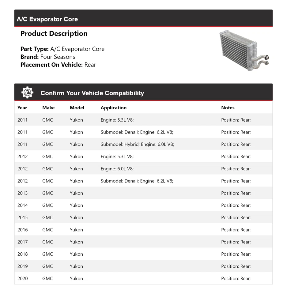 Para 2011-2020 GMC Yukon A/C evaporador núcleo traseiro 4 estações 2012 2013 2014 2015 - Imagem 2 de 4