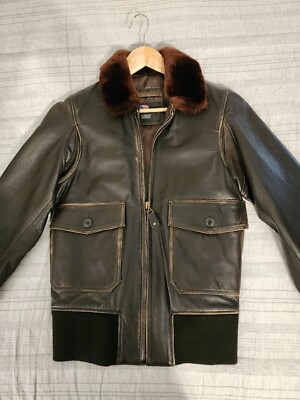 Mens Womens US Wings G-1 Navy Distressed Leather Flight Bomber Jacket,  Size Sm