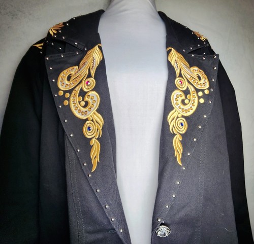 JenJen Darian 1980s Denim Blazer Jacket Gold Jewels Embroidery Studs Holloween - Picture 5 of 15
