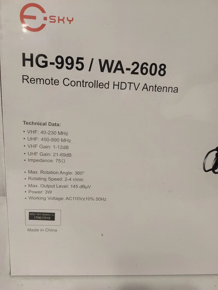 Esky HDTV Amplified Antenna HG-995 Outdoor TV Antenna w/Remote New in Box!  - Image 3 of 4