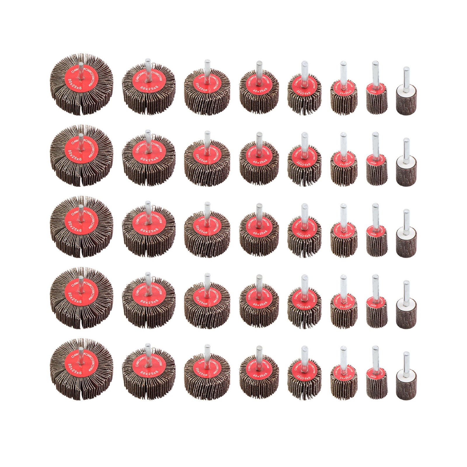 40 Pack 1/4" 8 Sizes Flap Wheel Sander Set 80 Grit Aluminum Oxide Flap Wheels