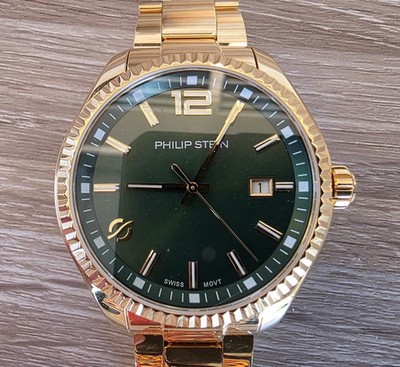 Philip Stein Traveler Watch Large Gold Green Dial Quartz Date 92FGP / CGRNG-SSGP