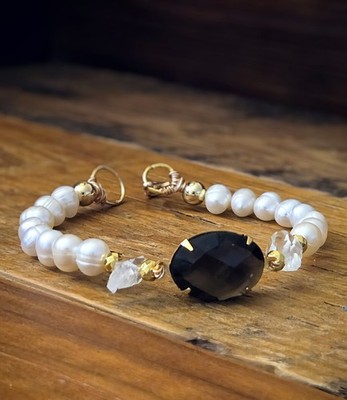 Ruhiges Luxus Armband 9,5 Karat Rauchquarz, Herkimer Diamanten & Perlen Gold 