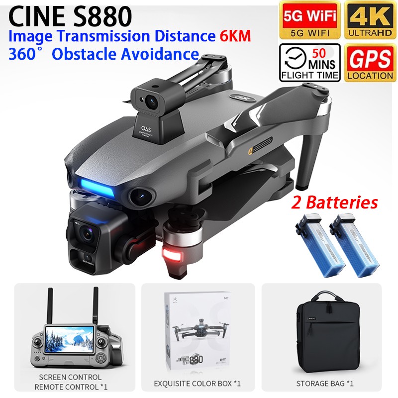 CINE S880 Drone GPS FPV 6KM 3-axis Gimbal 4K Dual Camera Gesture Photo 2 Battery