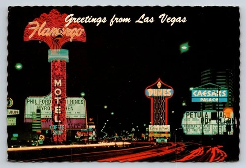 Vintage Las Vegas Strip Nightlife Postcard Flamingo Dunes Caesars Neon Signs