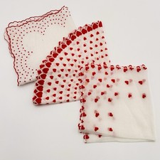 Lot Of 3 White Valentine Theme Cotton Hanky Handkerchiefs Red Hearts Embroidered