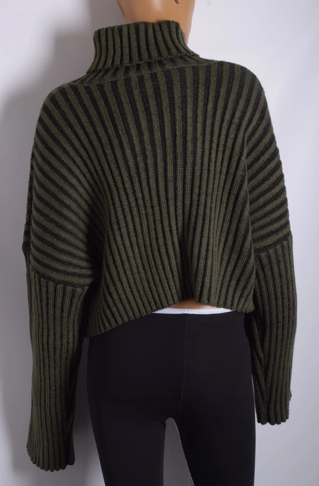 Balmain Women Green Sweater Wool Blend Striped Turtleneck Cropped Pullover Sz L - Image 3 of 4