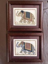 2 Vintage Professionally Frames  Traditional Indian Silk Elephant Paintings