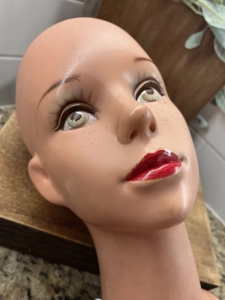 Antique 40s 50s Female Mannequin Head Bust Vintage Woman Hat Jewelry Scarf Japan - Image 2 of 4