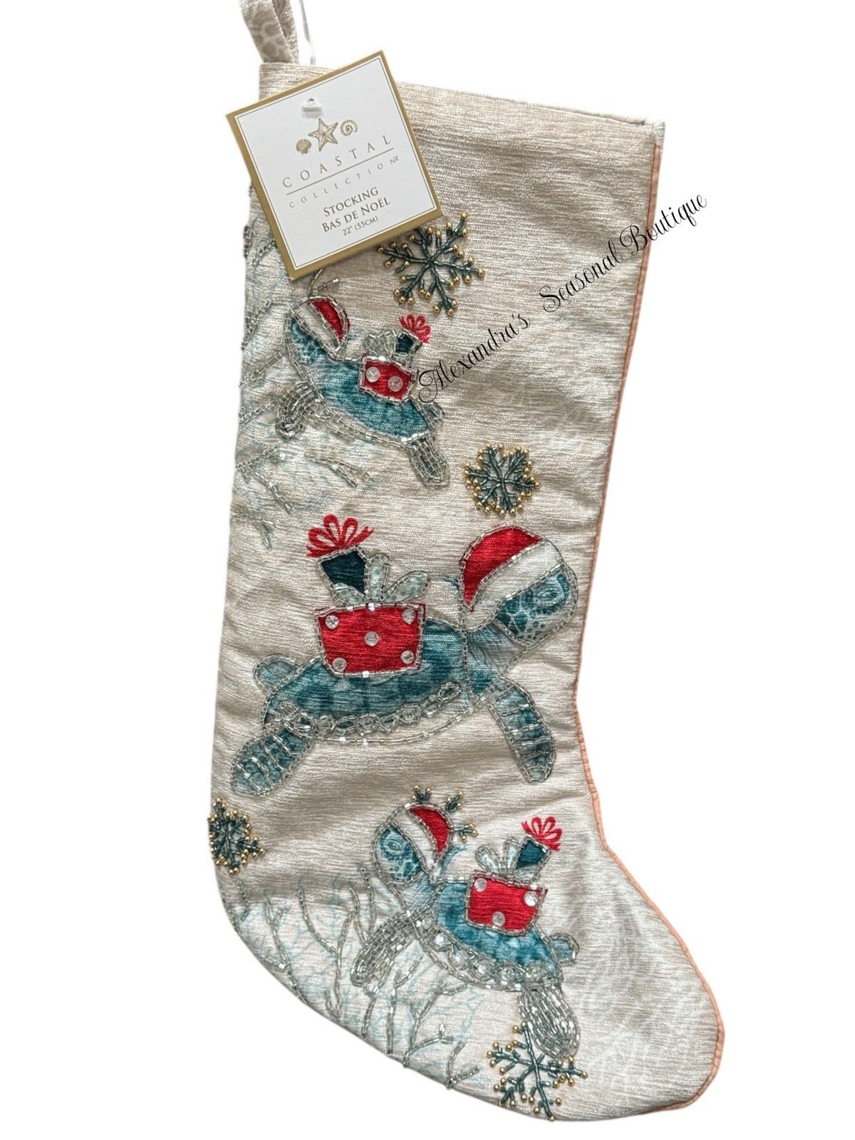Coastal Beach Christmas Stocking Coral Sea Turtles Santa Hat Beaded Blue 22“ New