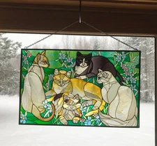Vintage Joan Baker Tiffany Cats Stained Glass Panel 16.5x10.5 Painted Glass Art