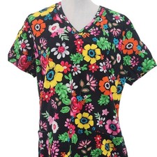 Dickies Scrub Top Garden Buzz Black Floral Pockets Scrub Shirt Medical Large