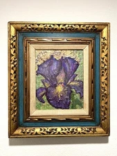 Framed Mixed Media Modern ArtOriginal Painting 15"x17" Iris FlowerSigned Decor
