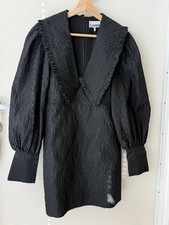 GANNI Black Textured Jacquard Mini Dress Size 36 Puff Sleeve Ruffle Collar