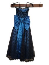 Vintage Gunne Sax x Jessica McClintock Blue Black Lace Tulle Formal Dress Bow