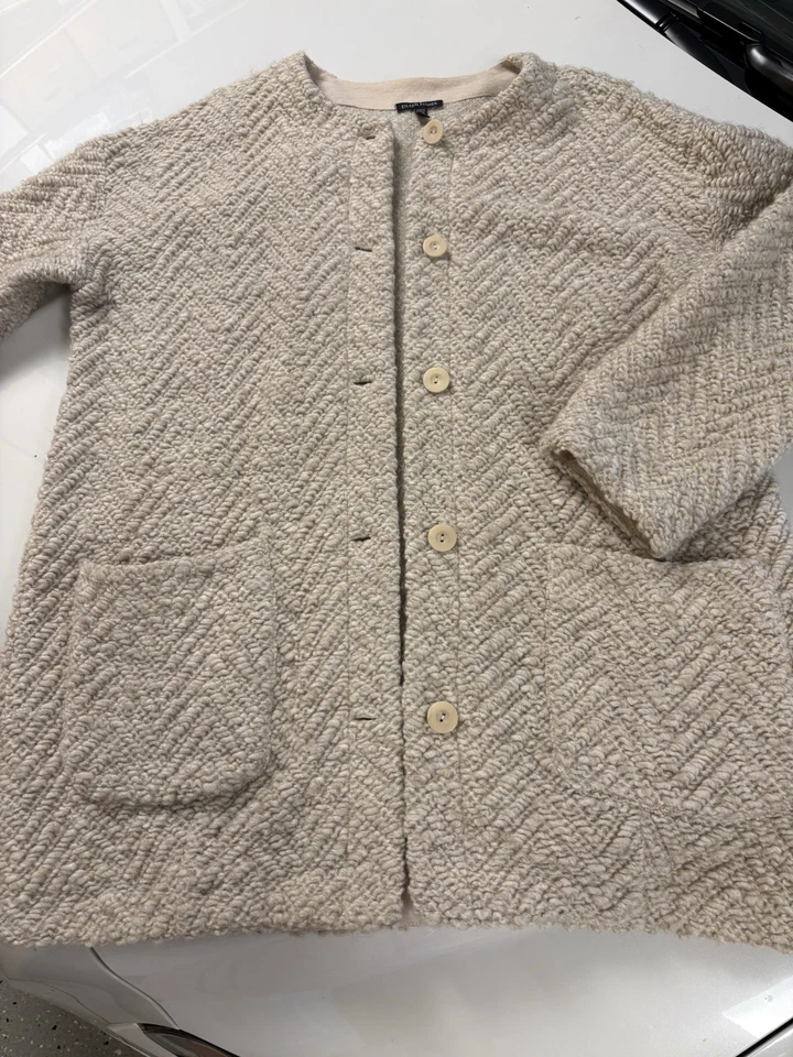Cárdigan Suéter Abrigo Mujer’s L Eileen Fisher Boucle Italiano Tejido Lana Alpaca Foto 4 de 4