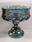 Vintage Indiana Blue Iridescent Carnival Glass Kings Crown Thumbprint Compote