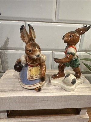 Easter Goebel Bavarian Bunnies Bowling Soccer  5'' Boy and Girl Figurines Set 2