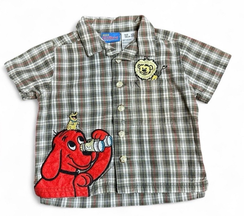 Vintage Clifford the Big Red Dog Baby Embroidered Plaid Shirt Shorts 12M Toddler