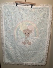 Precious Moments Baby Crib Blanket Baby Bear Rainbows Clouds Balloons Stars Vtg