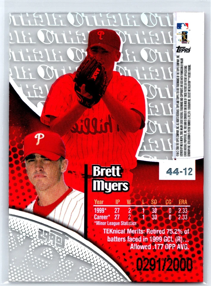 BRETT MYERS 2000 Topps TEK Rookie /2000 Philadelphia Phillies Baseball #44-12 - Image 2 of 2