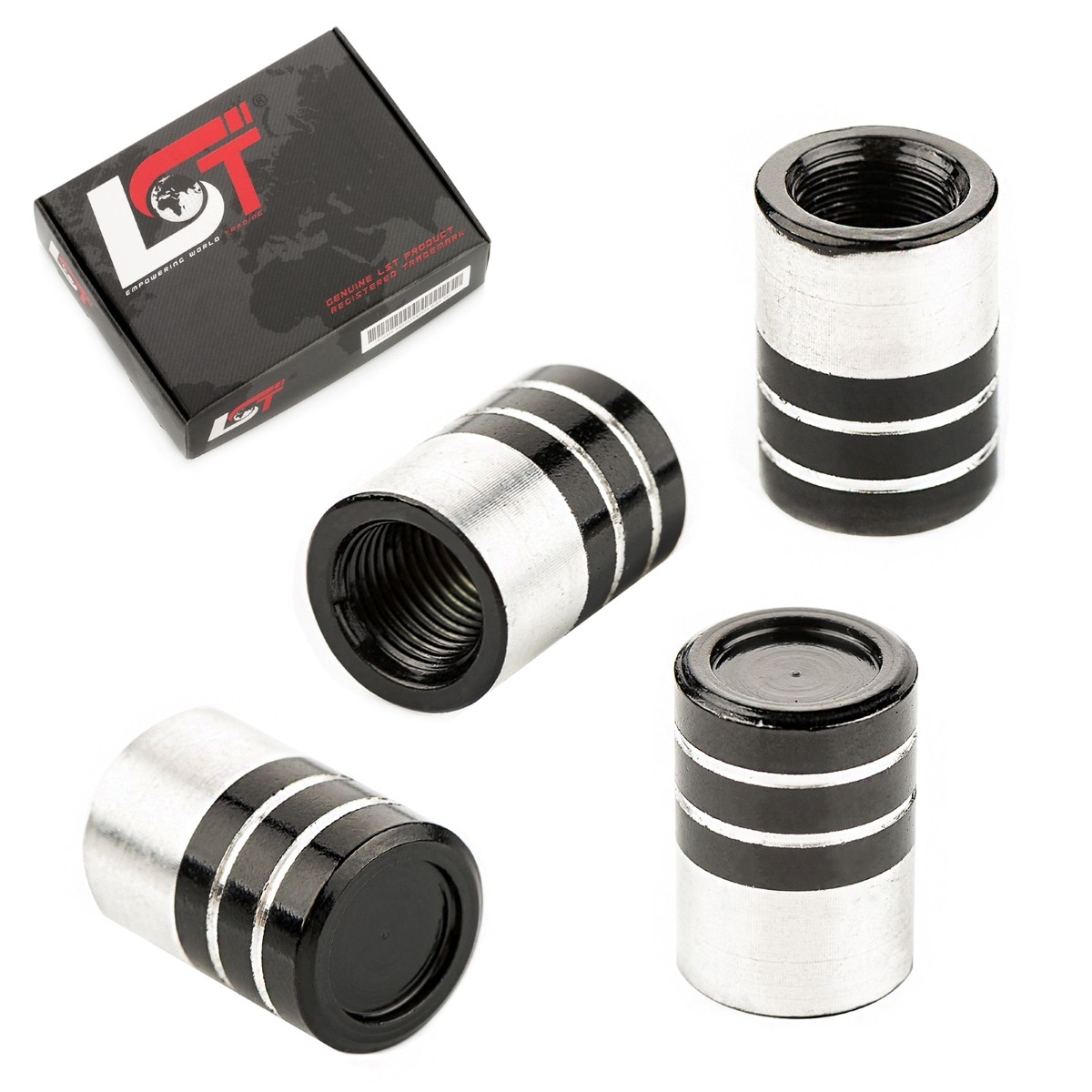 4x Aluminum Cylinder Valve Cap with Seal Tire Valve Silver-Black for LANCIA