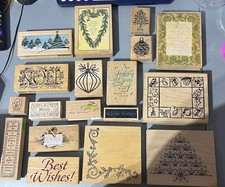 Lot of 18 Wood Mounted Rubber Christmas Stamps, Some new some used