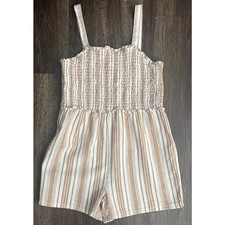 OshKosh B'gosh Girls Tan/White Striped Sleeveless Romper with Smocking Size 7