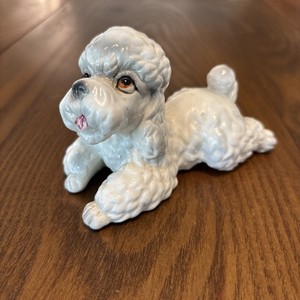 Vintage Lefton Ceramic White Poodle Dog Porcelain Japan/laying Down/Sweet Face