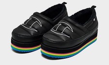 Champion Hot Stuff Women's Puffer Platform Slippers in Black with Rainbow Stripe