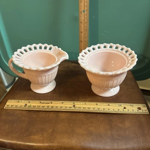 Vintage Fostoria Randolph Pink Milk Glass Sugar and Creamer Bowls Set Loop Edge