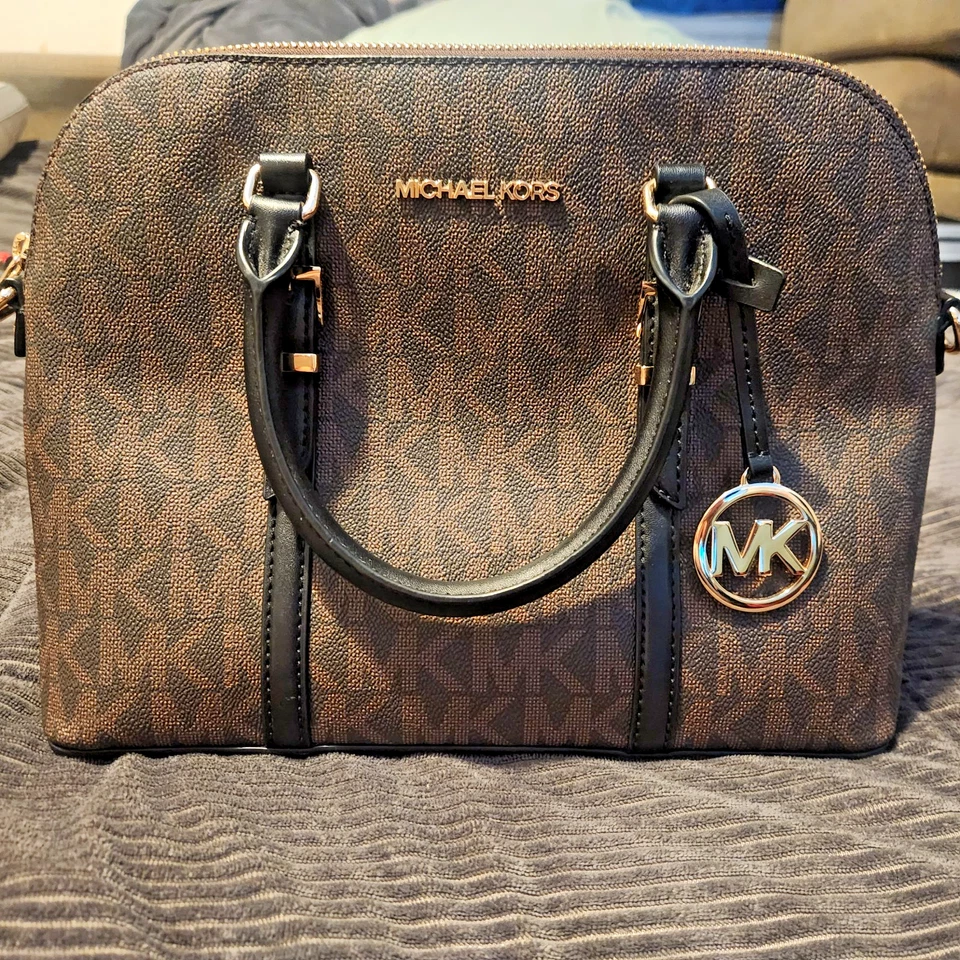 MICHAEL KORS BEDFORD LEGACY (Med) DOME ZIP SATCHEL Brown Logo w/ Black Handles - Image 2 of 4
