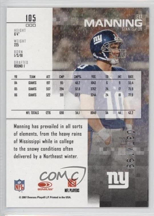 2007 Leaf Rookies & Stars Longevity Elements Ruby /199 Eli Manning #105 - Image 2 of 2