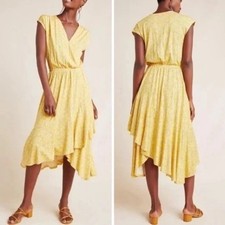 ANTHROPOLOGIE MAEVE WOMEN's DRESS FETE YELLOW MIDI RUFFLE HEM JERSEY KNIT V-NECK