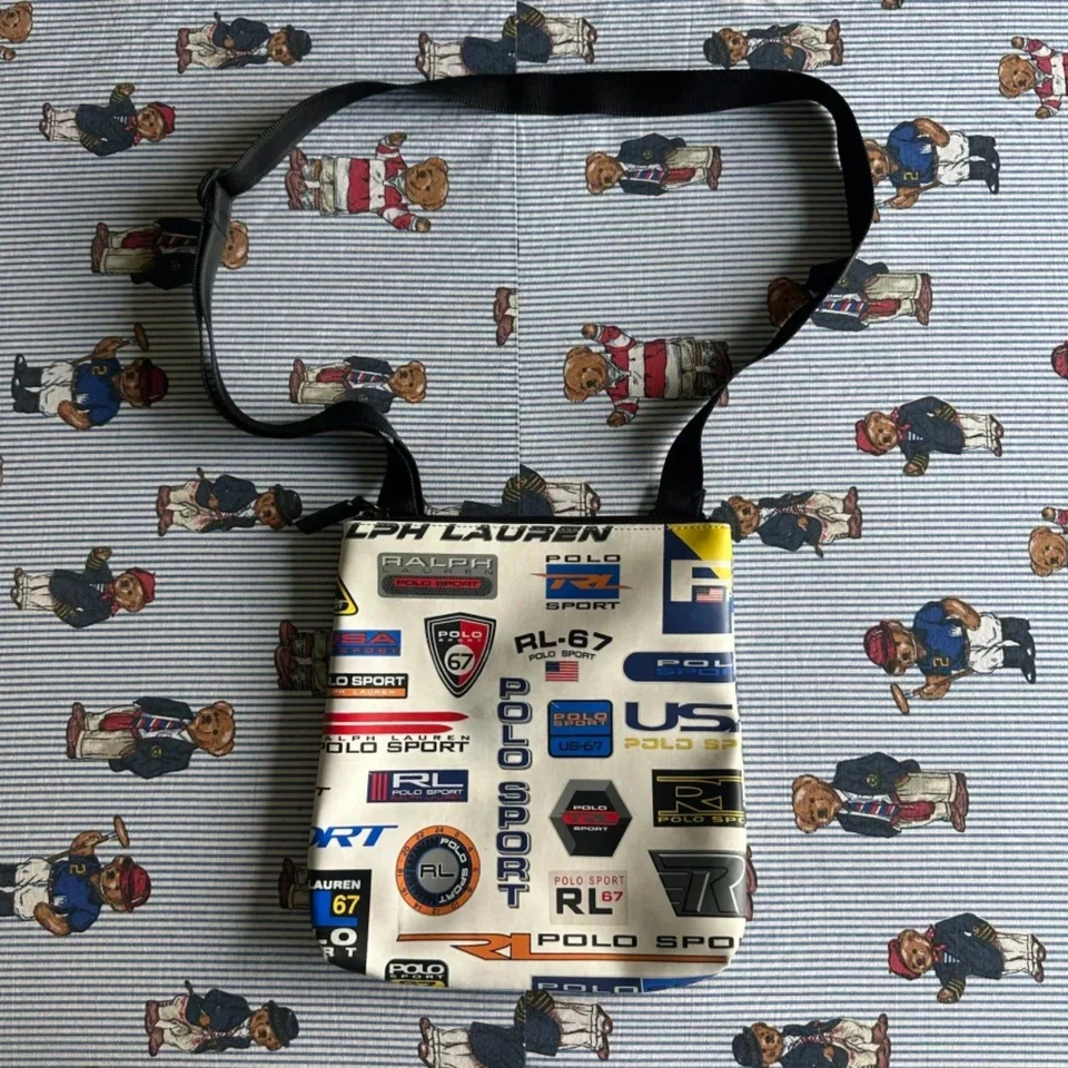 Винтажная наплечная сумка Polo Sport Ralph Lauren с полным принтом логотипами поло - Изображение 4 из 4