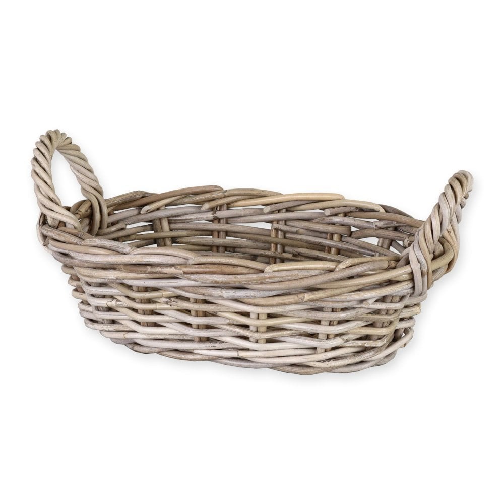 Grey & Buff Rattan Storage Tray Basket Oval Wicker Food Display With Handles