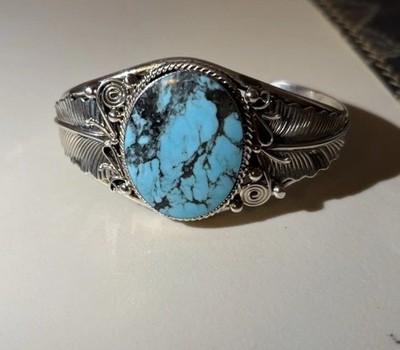 Vintage RB Running Bear Navajo Silver 925 Turquoise Cuff Bracelet